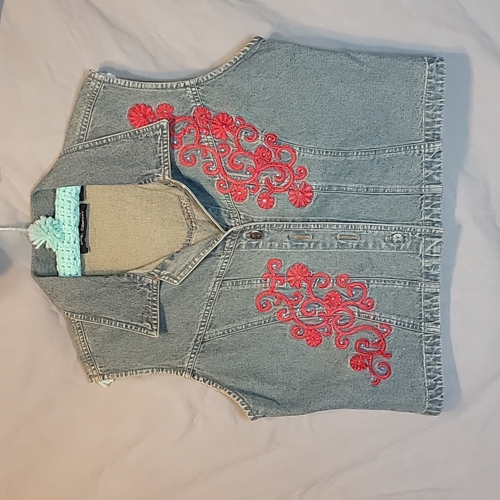 Gordon and James LRG Denim Vest Sleeveless Red Sewn Applique Clear Rhinestones